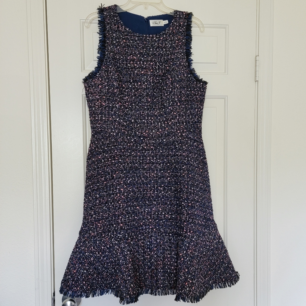 Eliza J Navy and Pink Tweed Midi Dress